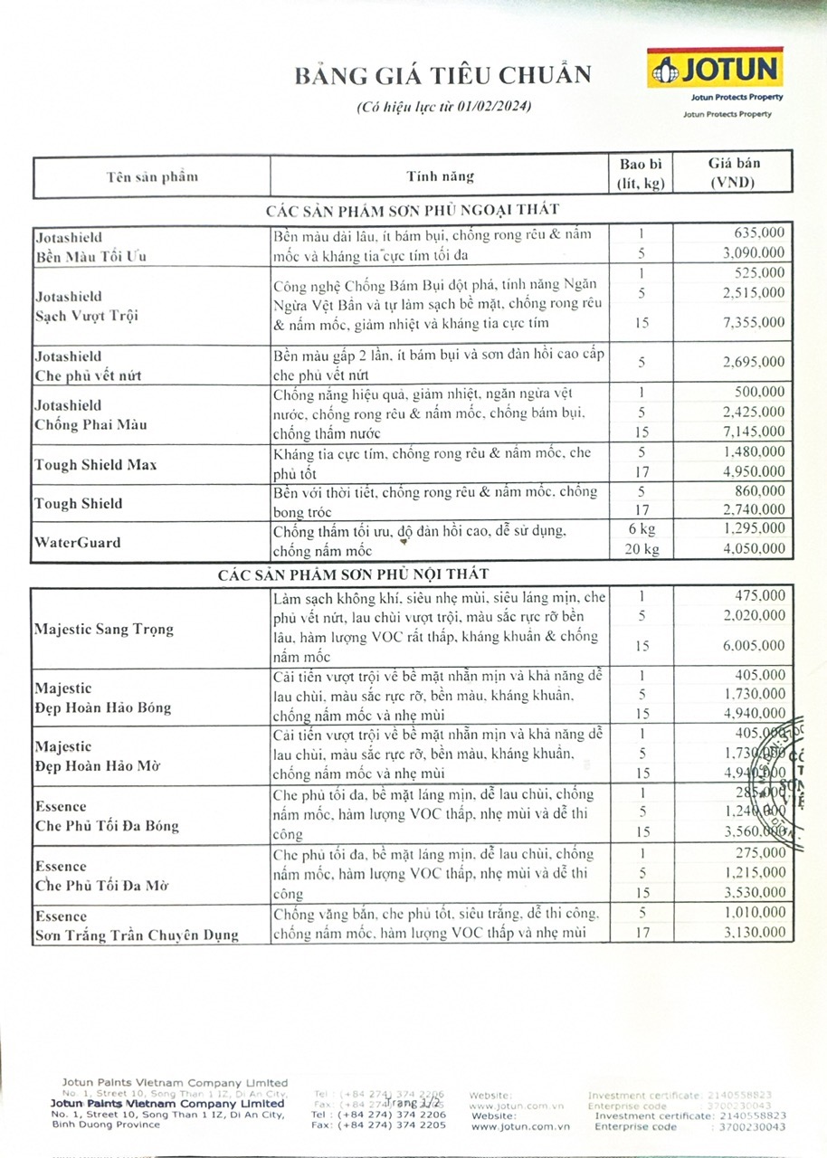 Bảng giá sơn Jotun mới nhất 2024