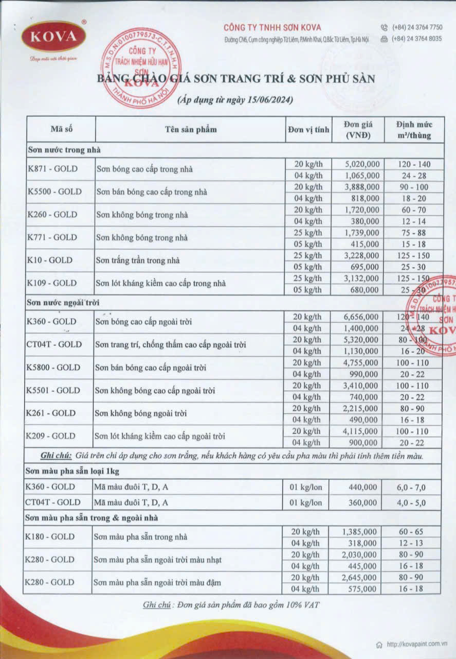  Bảng giá sơn Kova mới nhất 2024 - 3