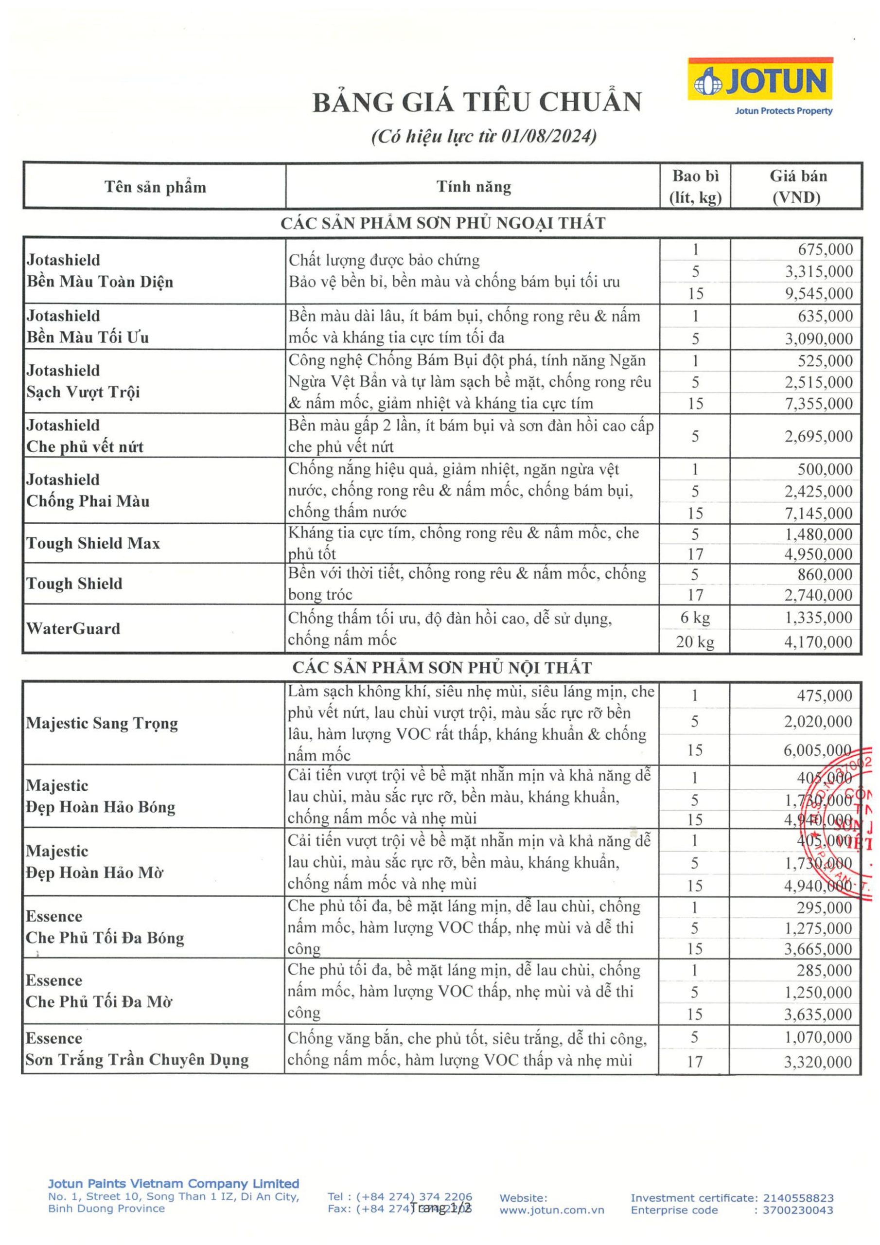 Bảng giá Sơn Jotun cập nhật tháng 8/2024