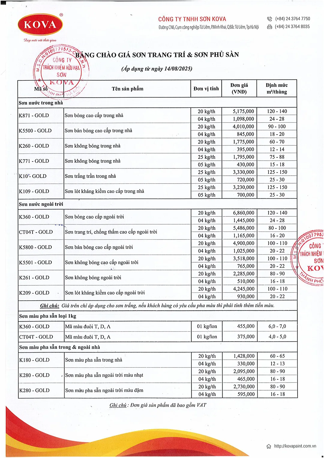 Bảng giá sơn Kova 2025 mới nhất - ngày 14.08.2025-1