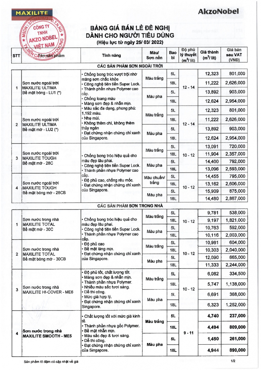 Bảng giá sơn Maxilite chiết khấu - 1