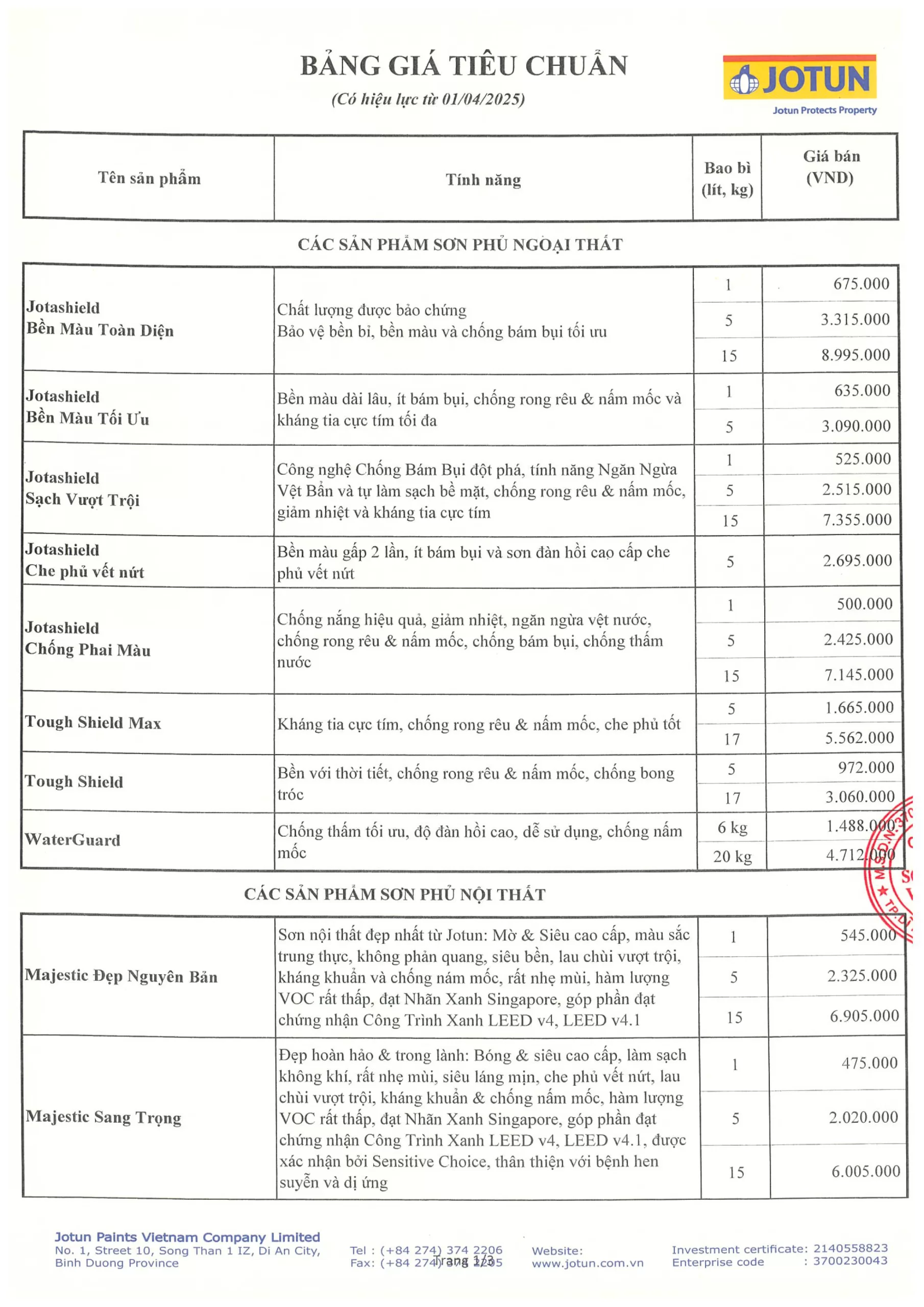 Bảng báo giá sơn Jotun 2025 - 01