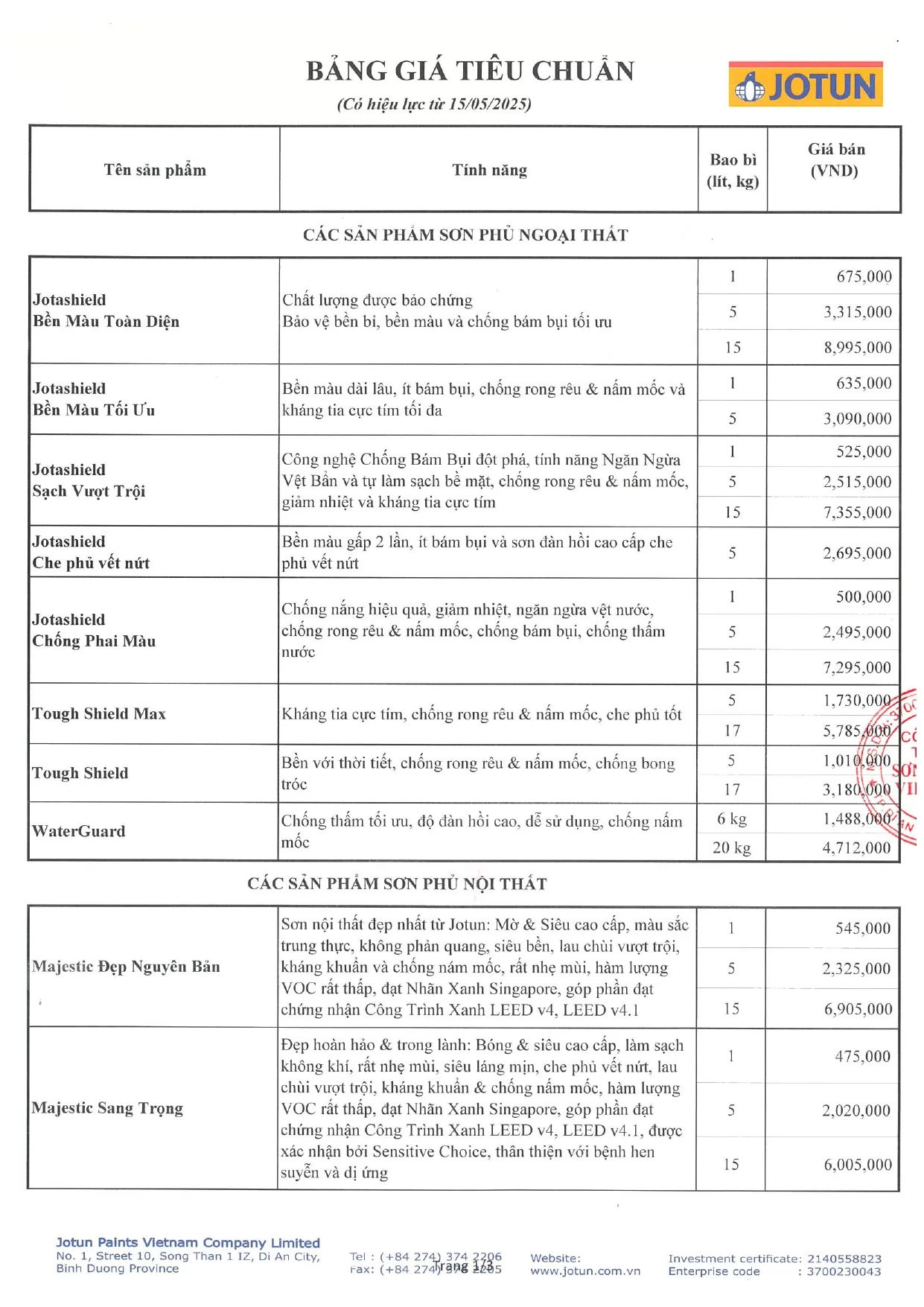 bảng giá sơn Jotun