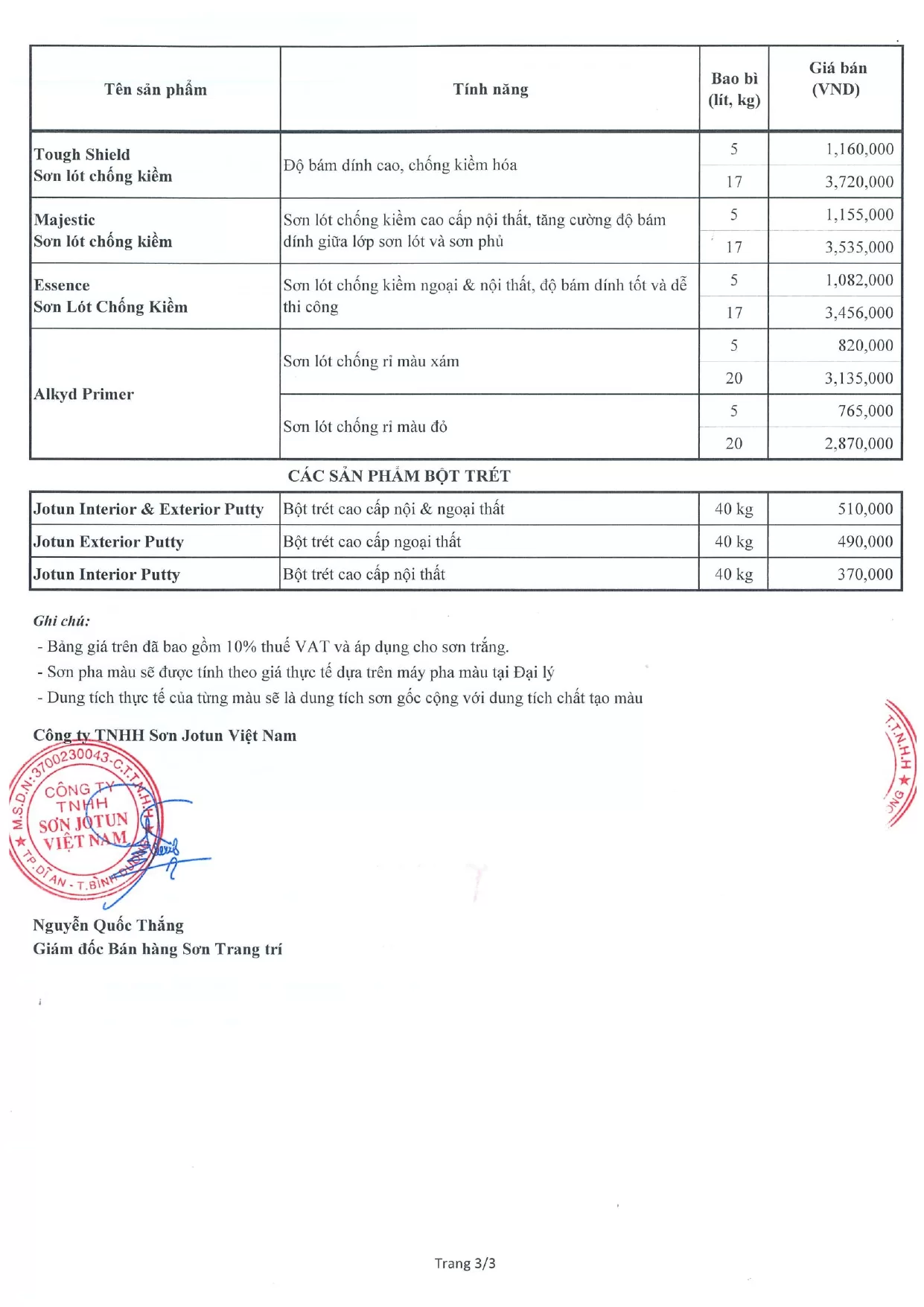bảng giá sơn Jotun