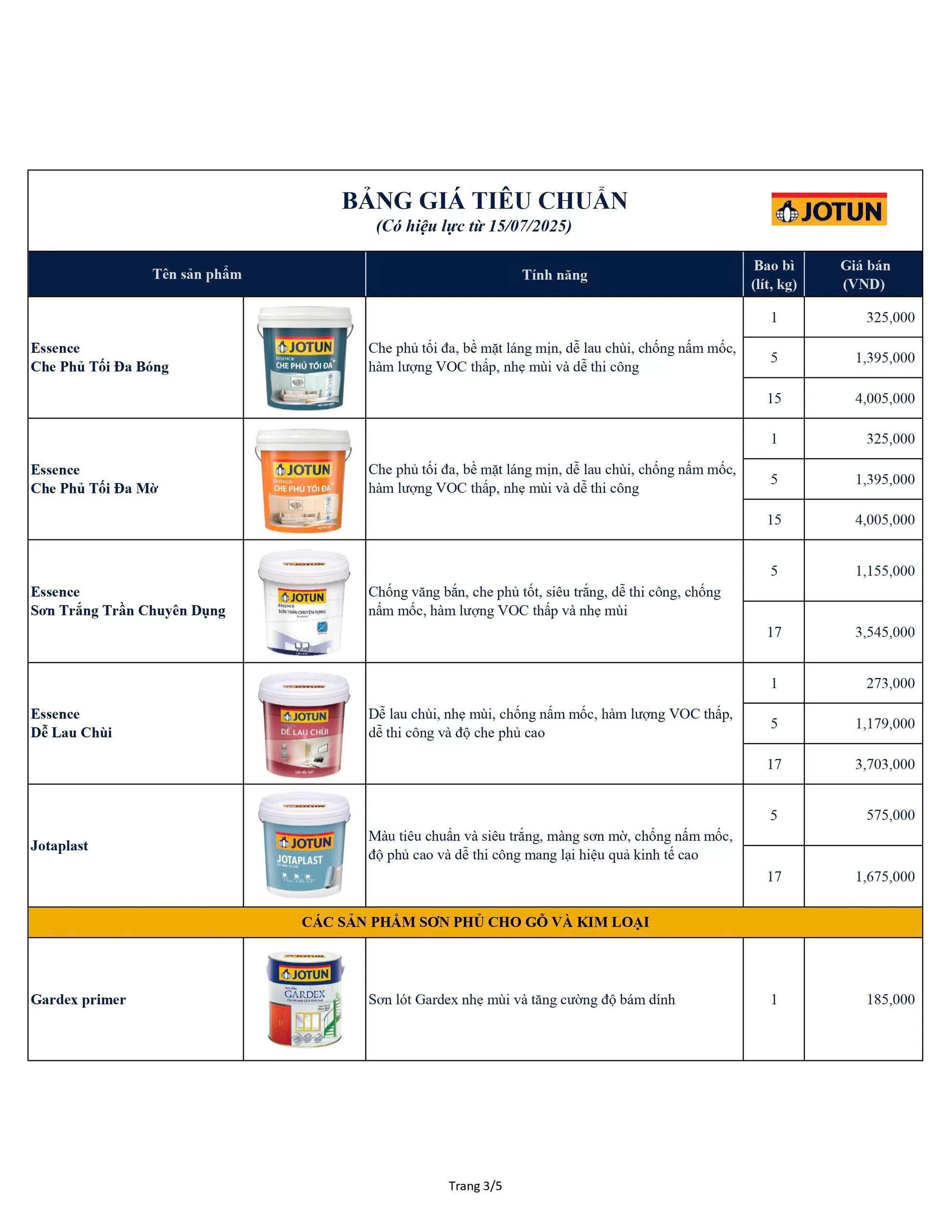 Bảng giá sơn Jotun Tháng 7/2025 - sơn nội thất