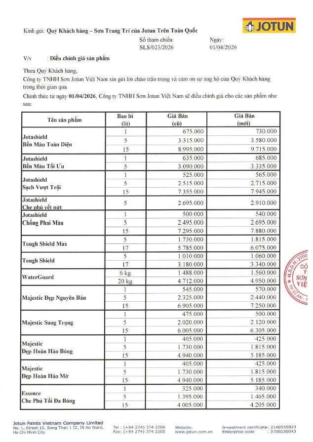 Bảng giá của Jotun mới nhất được điều chỉnh