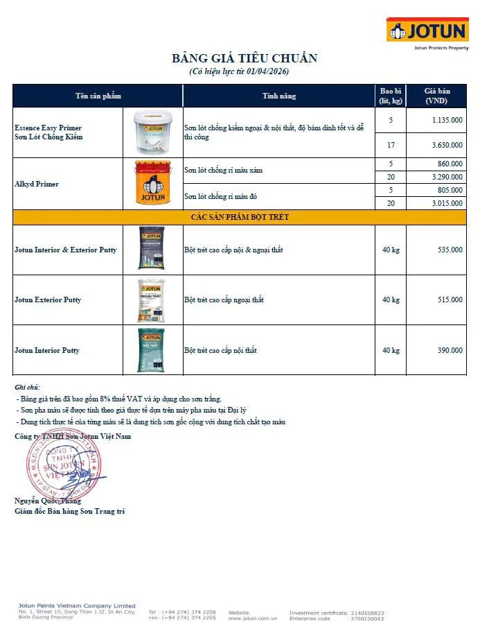 Bảng giá của Jotun mới nhất , giá bán lẻ áp dụng từ 01/04/2026