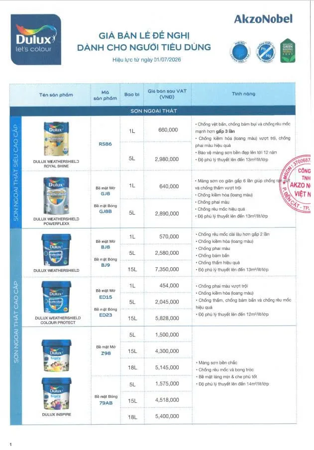 Bảng giá sơn Dulux mới nhất 2026-1