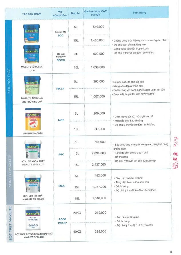 Bảng giá sơn Dulux mới nhất 2026-8