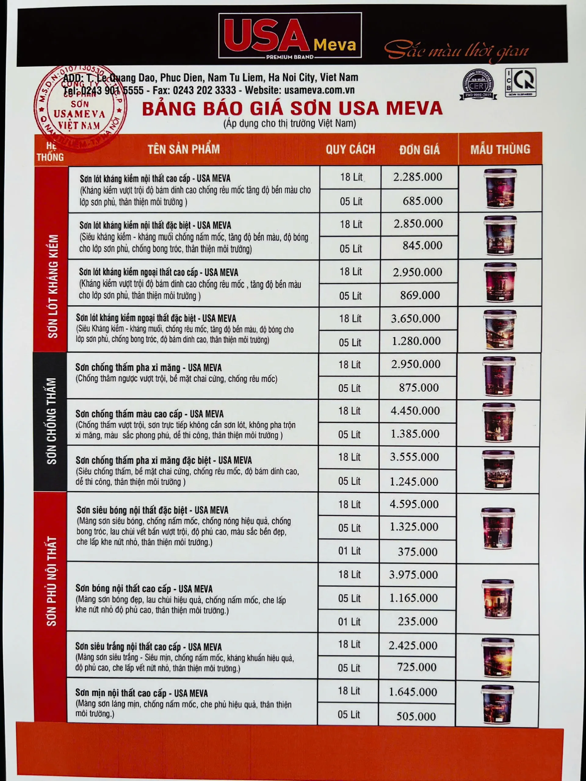 Bảng giá sơn USA Meva - 1