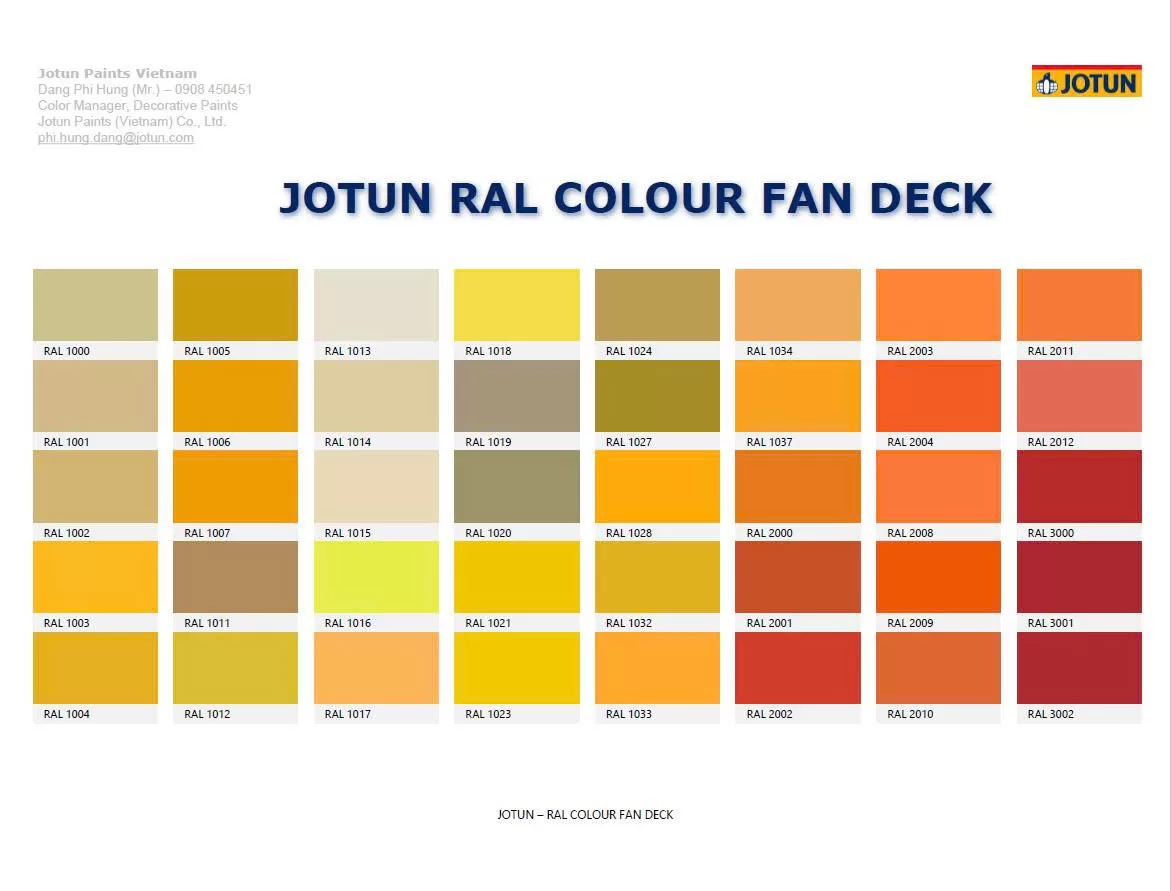 Các hệ sơn Jotun cho kết cấu sắt ngoài trời phổ biến - Bảng màu RAL 1